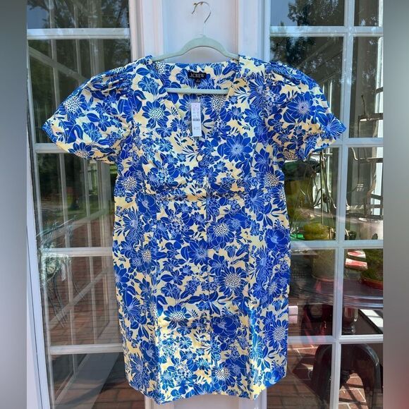 J Crew Button Front Puff Sleeve Blue Floral Twill Mini Dress NWT - Picture 6 of 9